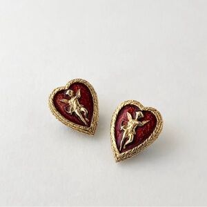Vintage BW Butler & Wilson Red & Gold Cupid Heart Clip On Earrings